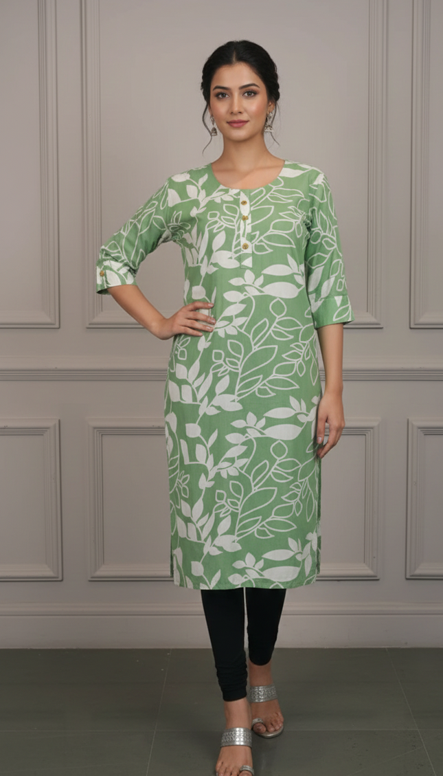 Mint Green Floral Printed Cotton Kurti – Fresh & Breezy Everyday Wear