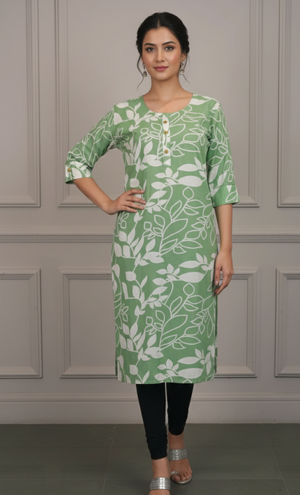 Mint Green Floral Printed Cotton Kurti – Fresh & Breezy Everyday Wear