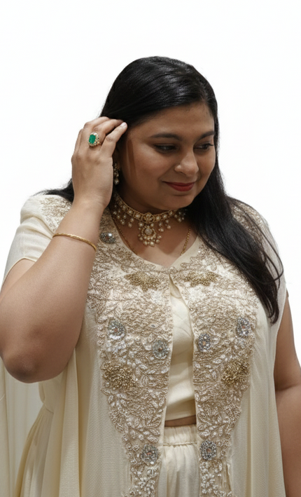 Off-White Tissue & Twill Net Indo-Western Co-Ord Set