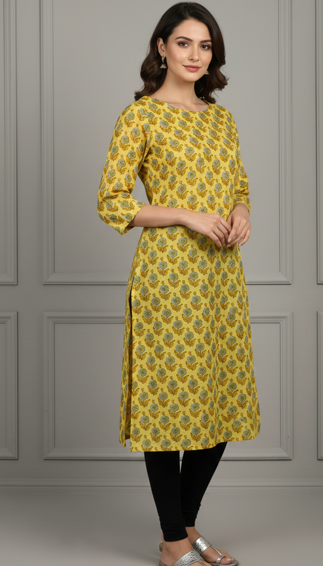 Golden Petals Printed Cotton Kurti – Soft Grace with a Burst of Yellow