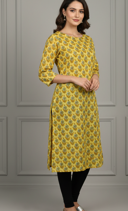 Golden Petals Printed Cotton Kurti – Soft Grace with a Burst of Yellow