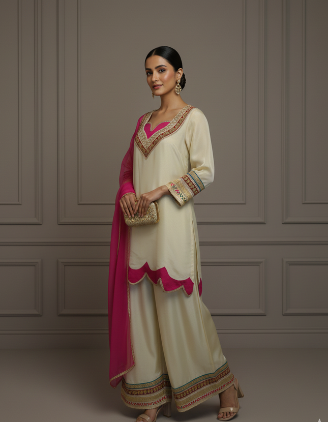 Ivory Embroidered Sharara Set with Hot Pink Dupatta