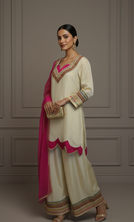 Ivory Embroidered Sharara Set with Hot Pink Dupatta