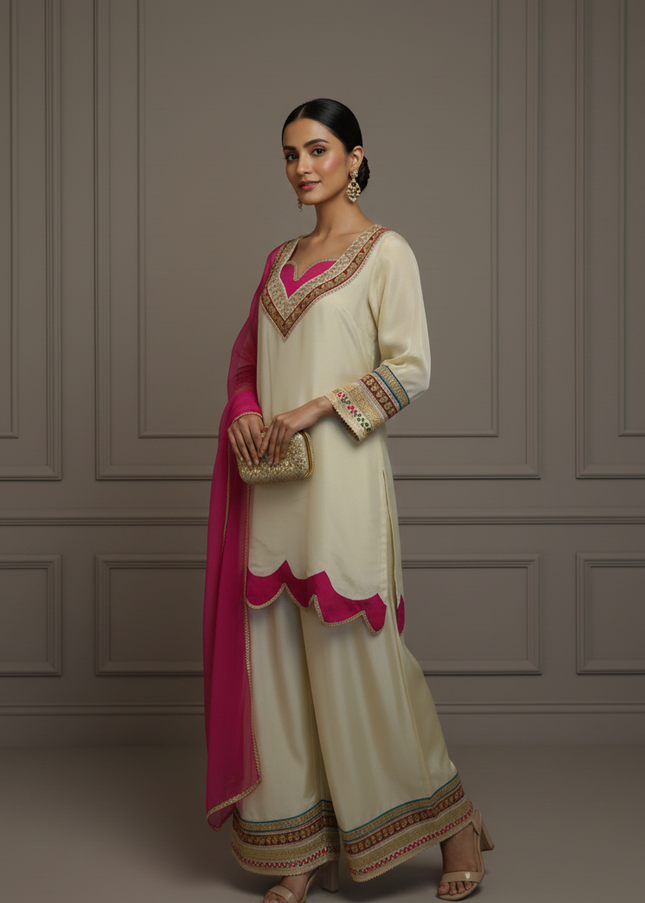 Ivory Lux Plus Size Plazzo Set with Hot Pink Dupatta