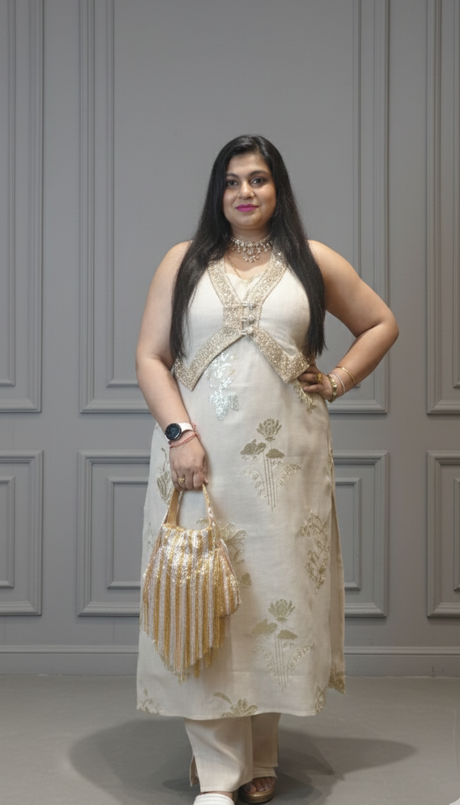 Cream Pearl Co-ord Set Elegant Festive Wear for Women