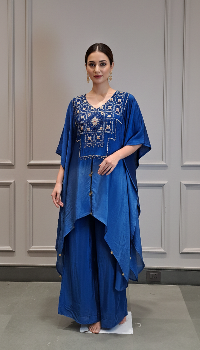 Royal Blue Embroidered Kaftan Co-ord Set with Palazzo Pants