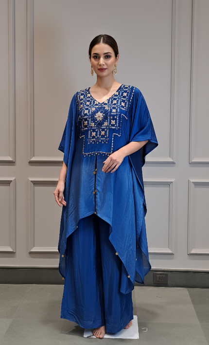 Royal Blue Embroidered Kaftan Co-ord Set with Palazzo Pants