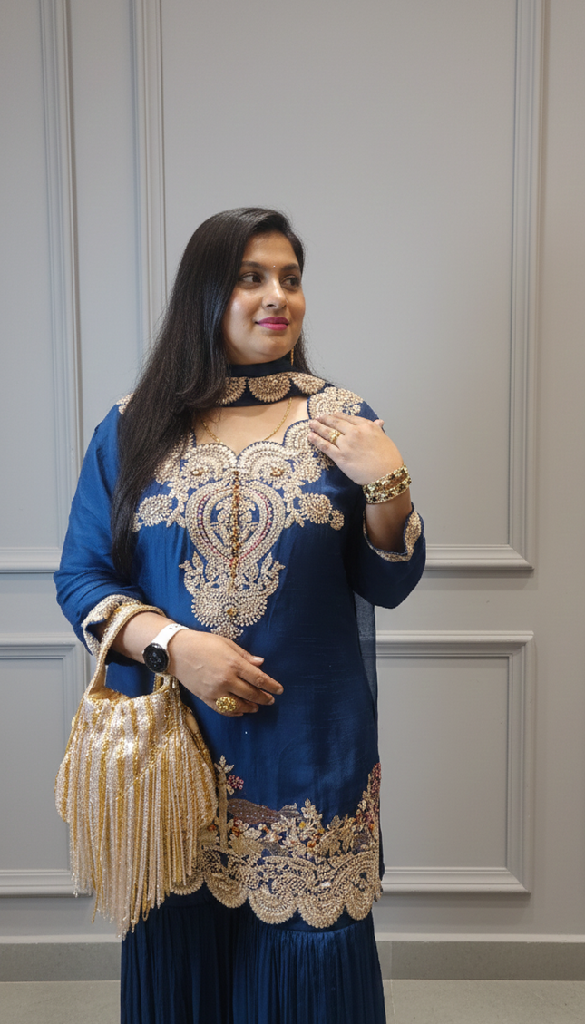 Elegant Navy Blue Embroidered Punjabi Suit with Dupatta – Graceful Ethnic Ensemble