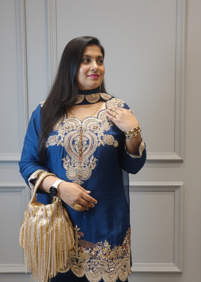 Elegant Navy Blue Embroidered Punjabi Suit with Dupatta – Graceful Ethnic Ensemble