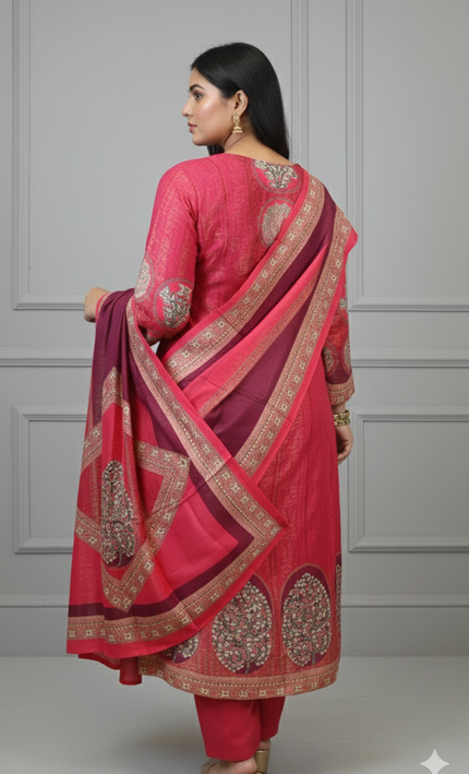 Red Ethnic Printed Kurta Set with Mirror Work Detailing