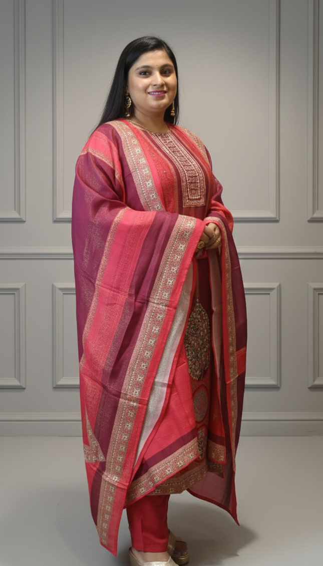 Red Ethnic Printed Kurta Set with Mirror Work Detailing