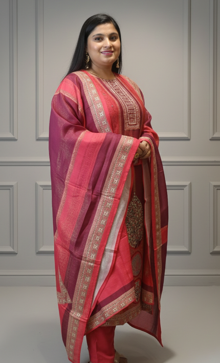 Red Ethnic Printed Kurta Set with Mirror Work Detailing