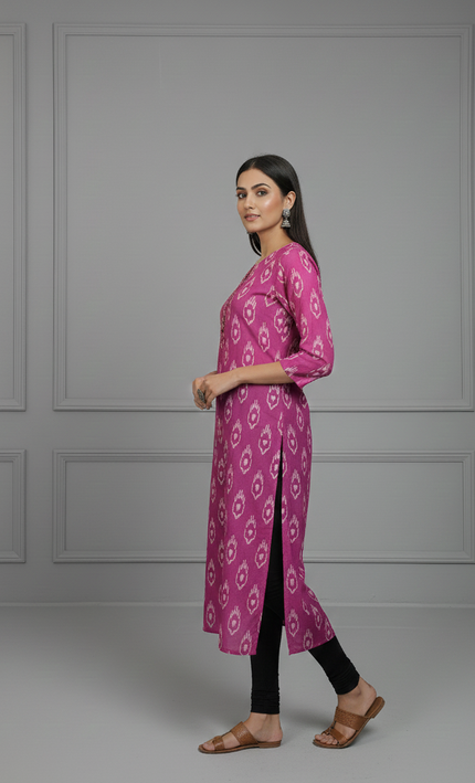 Magenta Pink Cotton Kurti with White Block Print – Everyday Bold & Beautiful