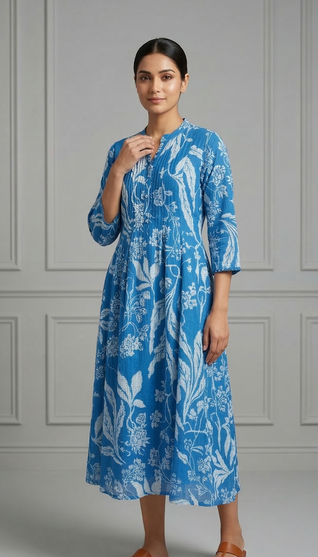 Blue Floral Printed Midi Dress