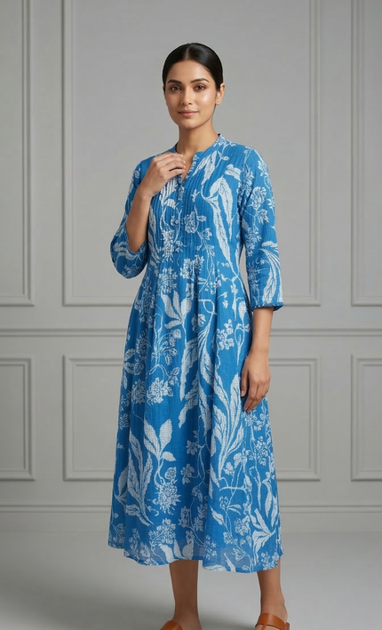 Blue Floral Printed Midi Dress