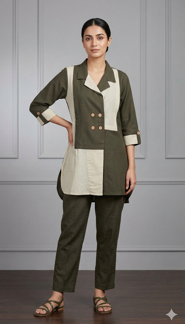 The Olive & Cream Cotton Color-Block Co-ord Set