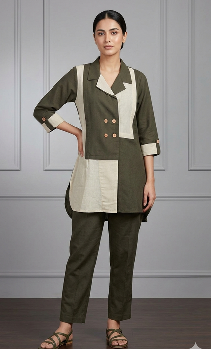 The Olive & Cream Cotton Color-Block Co-ord Set