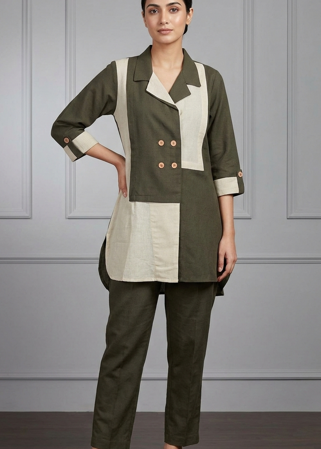The Olive & Cream Cotton Color-Block Co-ord Set