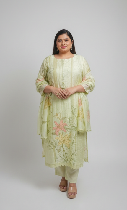 Pastel Green Floral Embroidered Kurta Set with Dupatta