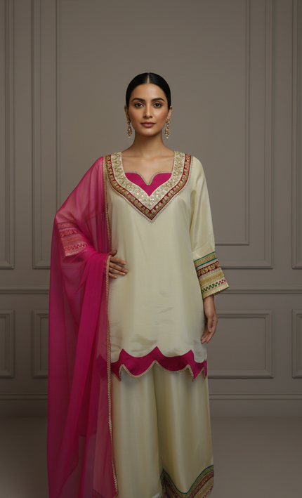 Ivory Embroidered Sharara Set with Hot Pink Dupatta