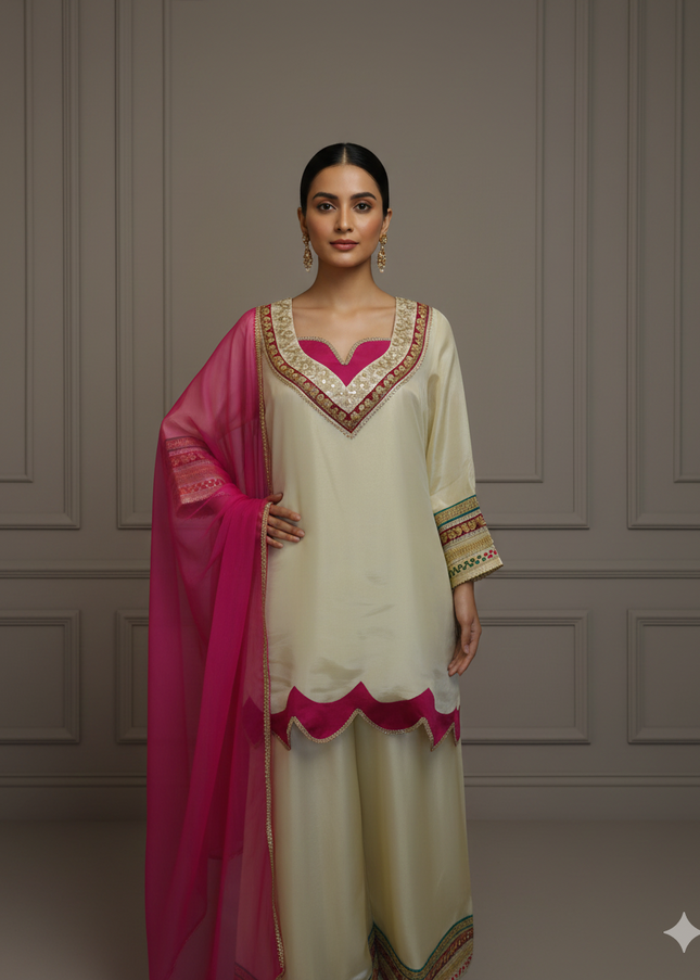 Ivory Lux Plus Size Plazzo Set with Hot Pink Dupatta