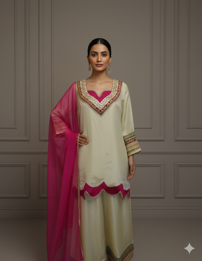 Ivory Lux Plus Size Plazzo Set with Hot Pink Dupatta