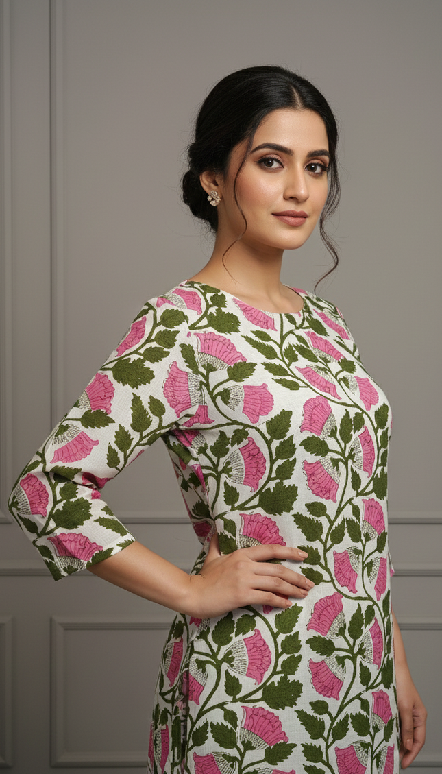 Blush Bloom Cotton Kurti – Soft, Fresh & Effortlessly Feminine