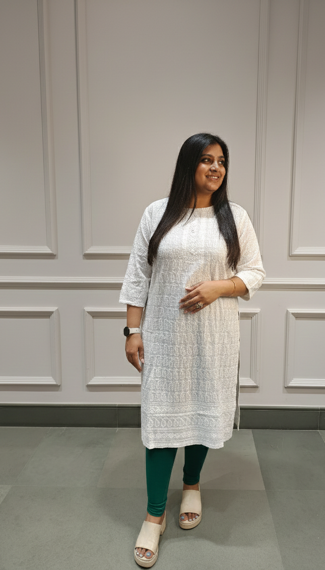 Elegant White Cotton Kurti with Subtle Self-Print – Minimal & Timeless