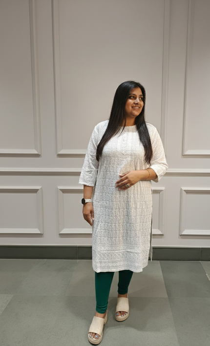 Elegant White Cotton Kurti with Subtle Self-Print – Minimal & Timeless