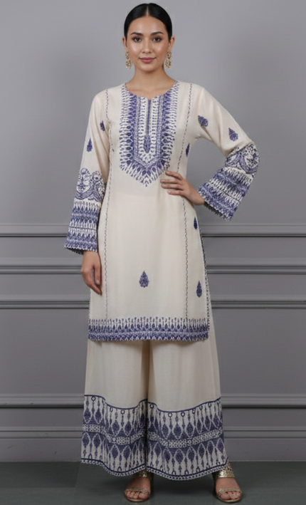 Cream & Blue Digital Print Co-Ord Set for Women