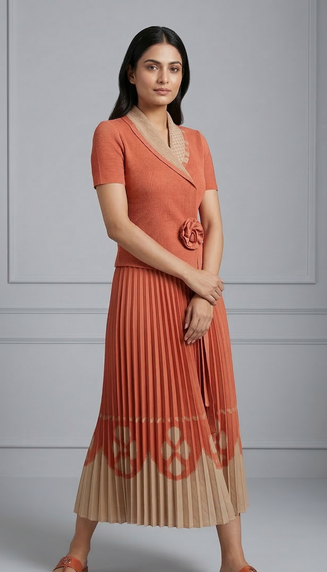 Coral Grace Pleated Dress