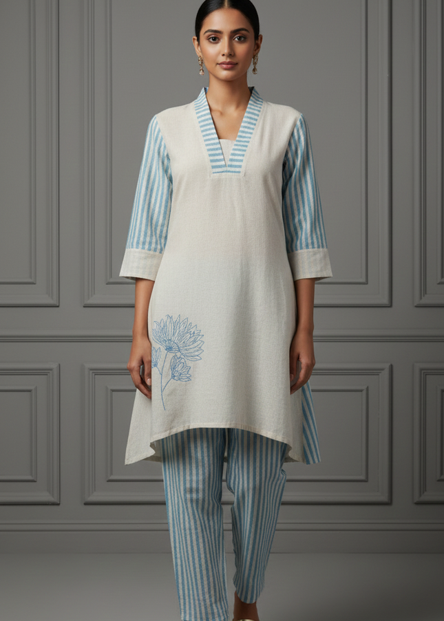 Floral Print And Classic Stripes Light Blue Co-Ord Set