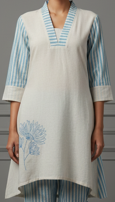 Floral Print And Classic Stripes Light Blue Co-Ord Set