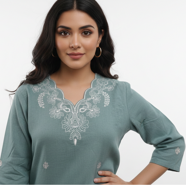 Sea Green Co-Ord Set for Women with White Thread Work