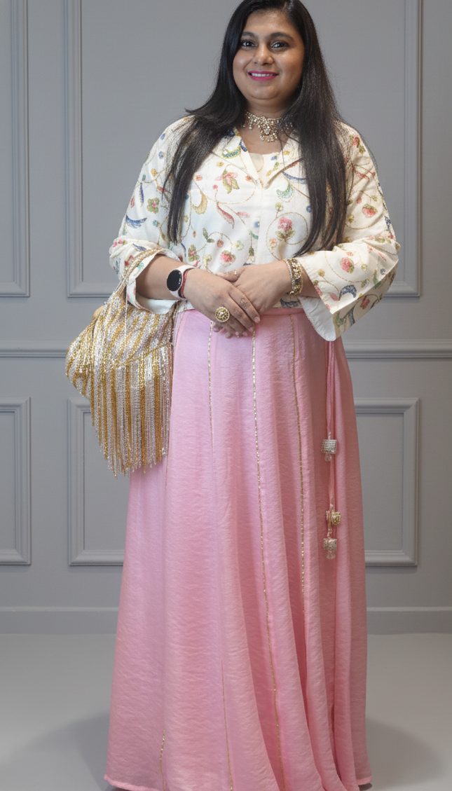 Pink Ghagra with Cream Blouse – Elegant Festive Ethnic Wear for Women