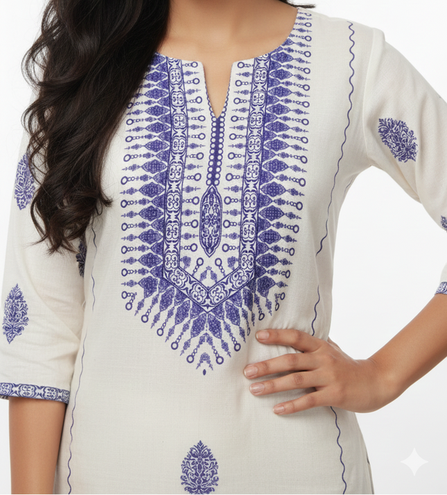 Cream & Blue Digital Print Co-Ord Set for Women