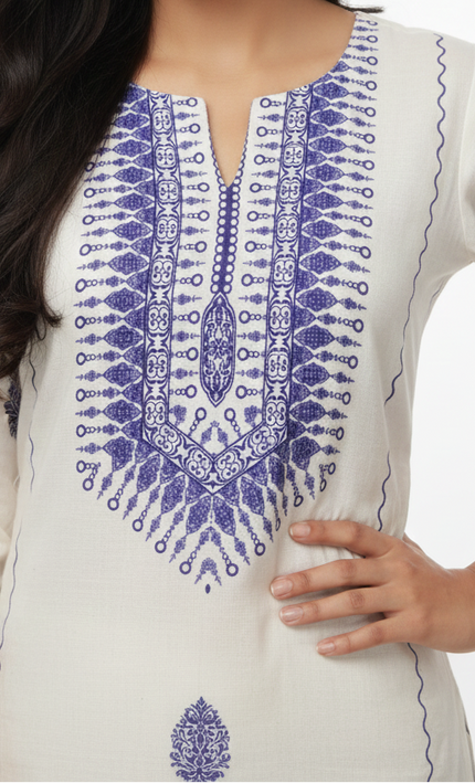 Cream & Blue Digital Print Co-Ord Set for Women