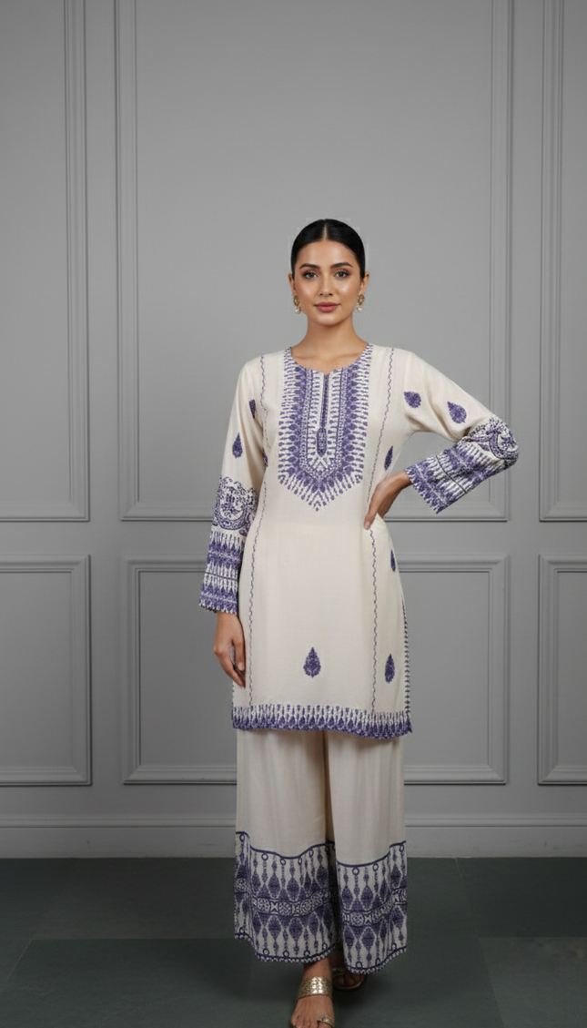 Cream & Blue Digital Print Co-Ord Set for Women