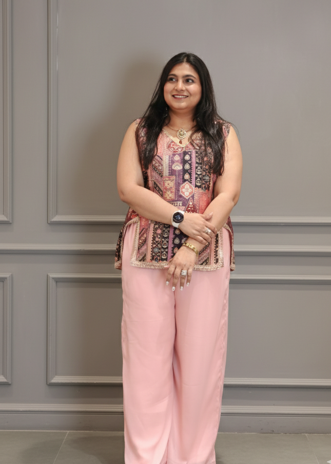Sleeveless Boho Vibe Jacquard Cord Set in Peach