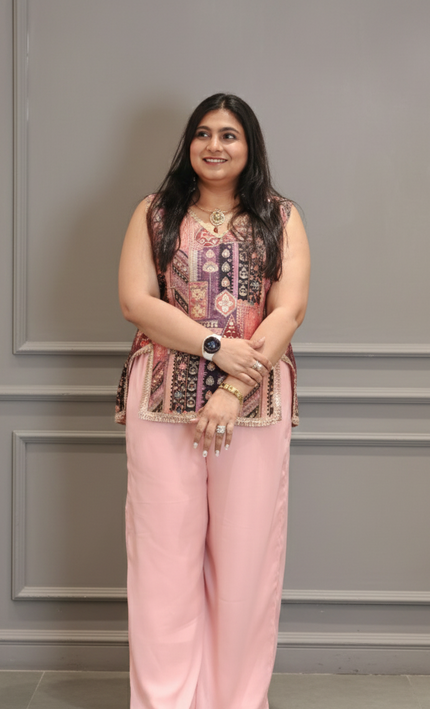 Sleeveless Boho Vibe Cord Set in Peach & Tribal Print