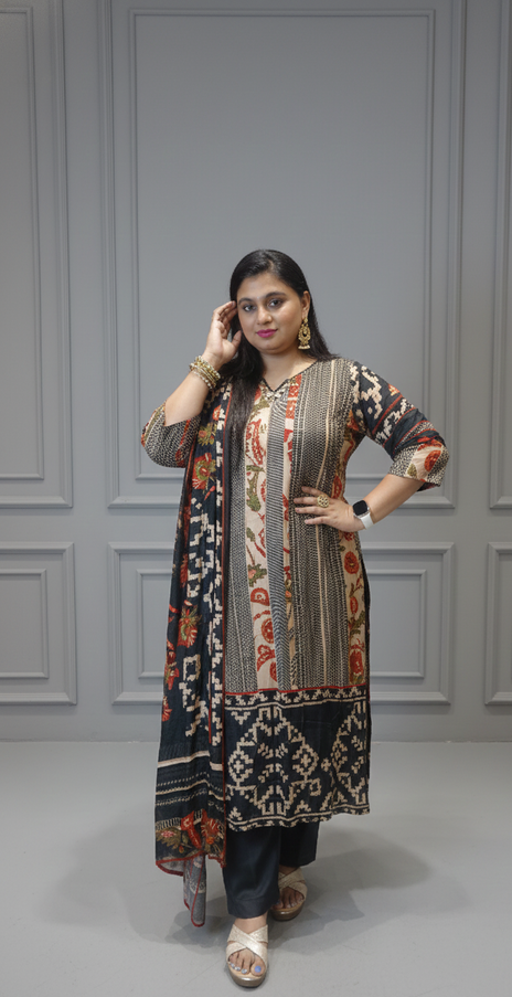 Digital Print and Embroidered Black 3 Piece Suit for Women