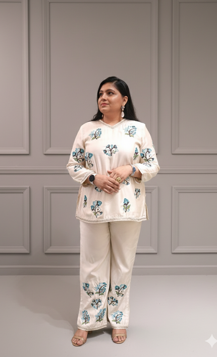 Elegant White Floral Cord Set for a Chic Look