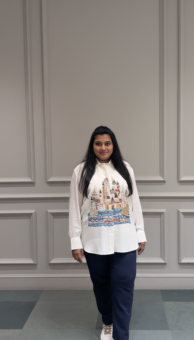 White Printed Oversized Shirt with Navy Blue Pants – Urban Casual Set