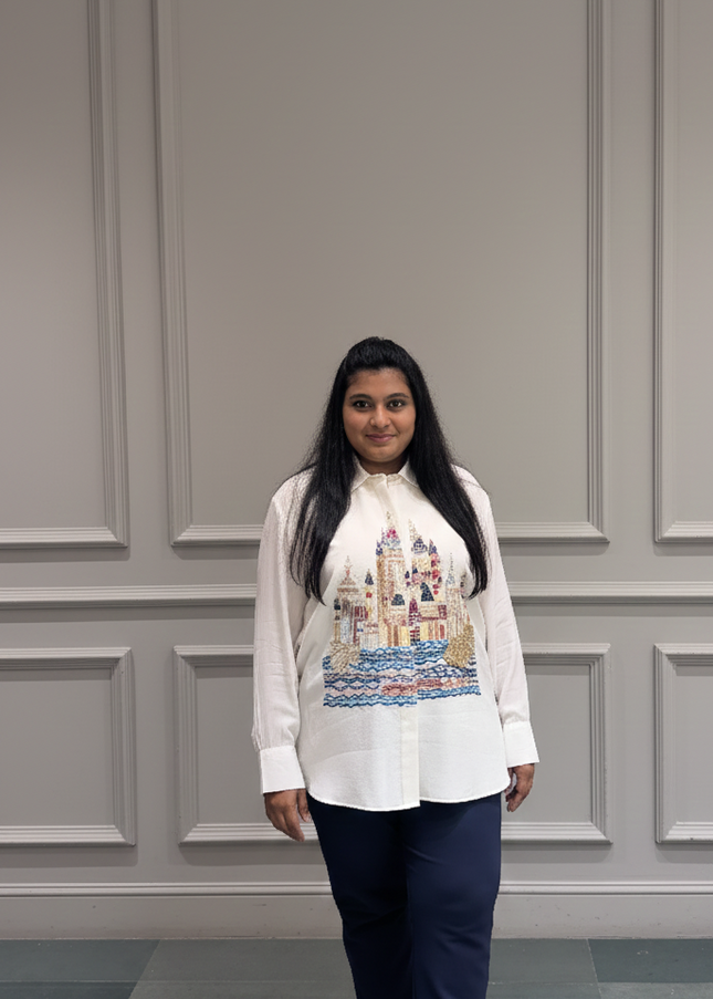 White Printed Oversized Shirt with Navy Blue Pants – Urban Casual Set