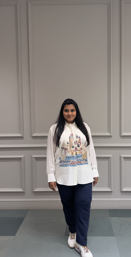 White Printed Oversized Shirt with Navy Blue Pants – Urban Casual Set