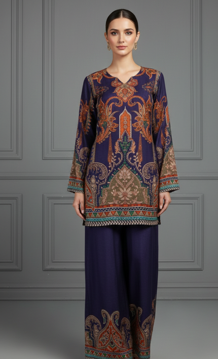 Navy Blue Digital Print Co-Ord Set for Women