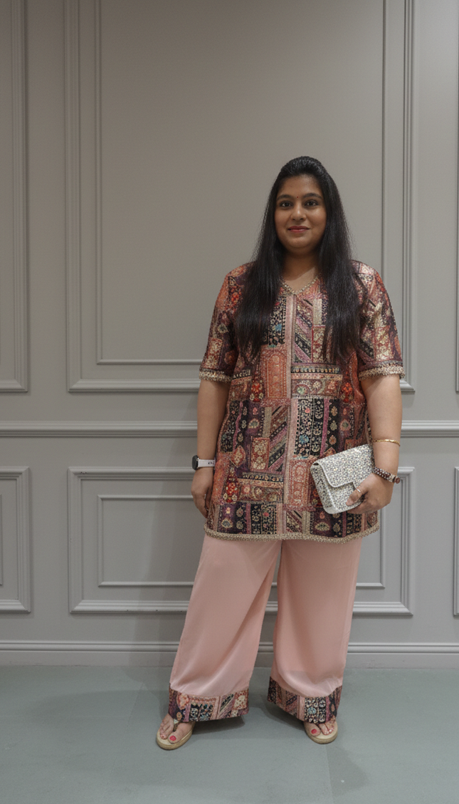 Boho Chic Printed Cord Set in Peach & Multi-Color