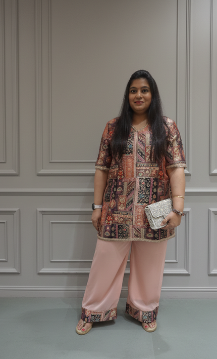 Boho Chic Printed Cord Set in Peach & Multi-Color