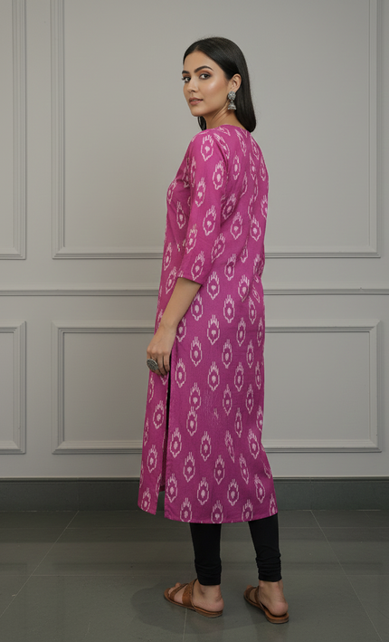 Magenta Pink Cotton Kurti with White Block Print – Everyday Bold & Beautiful