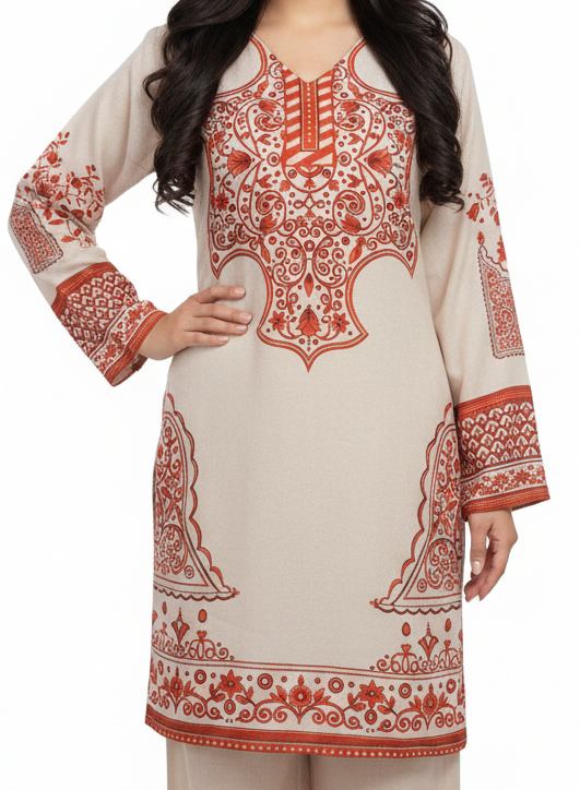 Cream & Red Digital Print Co-Ord Set for Women